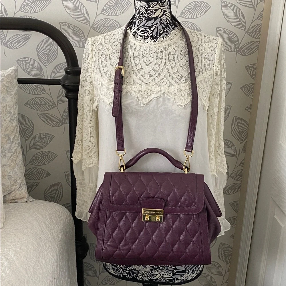 Vera Bradley Quilted Leather Stella Satchel in Aubergine with gold-tone hardware